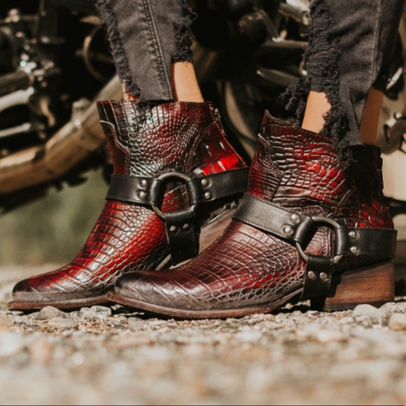Freebird Red Croc Leather Moto Booties 